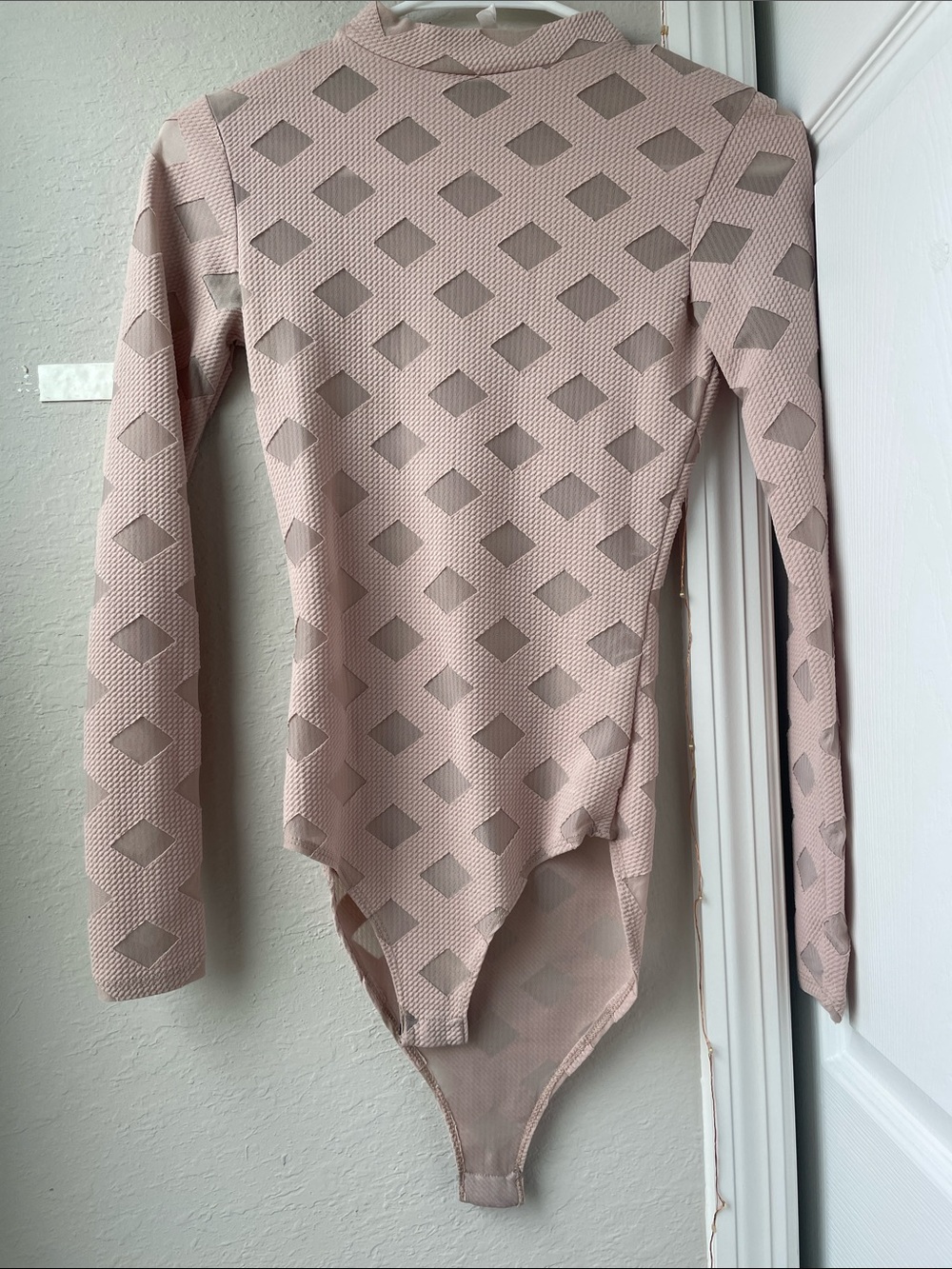 Fashion Nova Beige Long Sleeve Cutout Textured Bodysuit